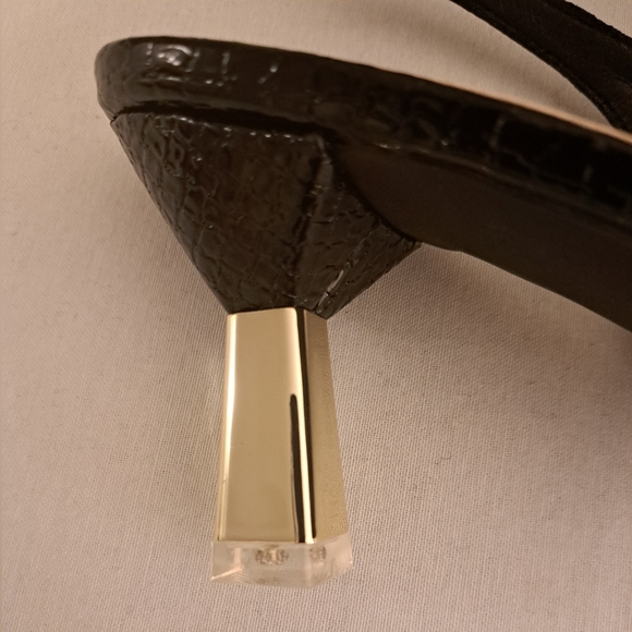 NEW Black Faux Patent Leather Embossed W/Gold & Acrylic Heels, Sz 41 (US 10) - Picture 5 of 16